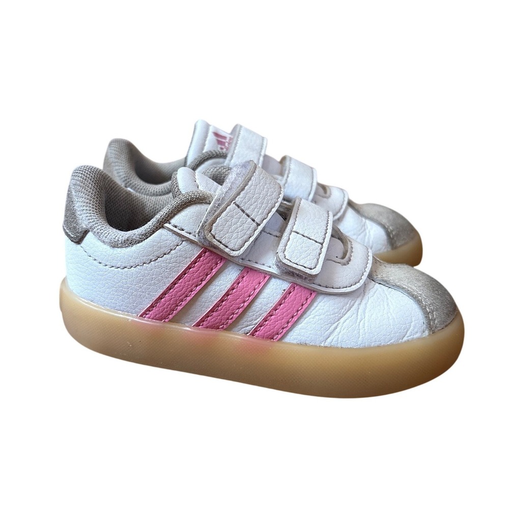 Adidas VL Court 2.0 Sneakers Girls White Pink Hook Loop SIZE 5.5K